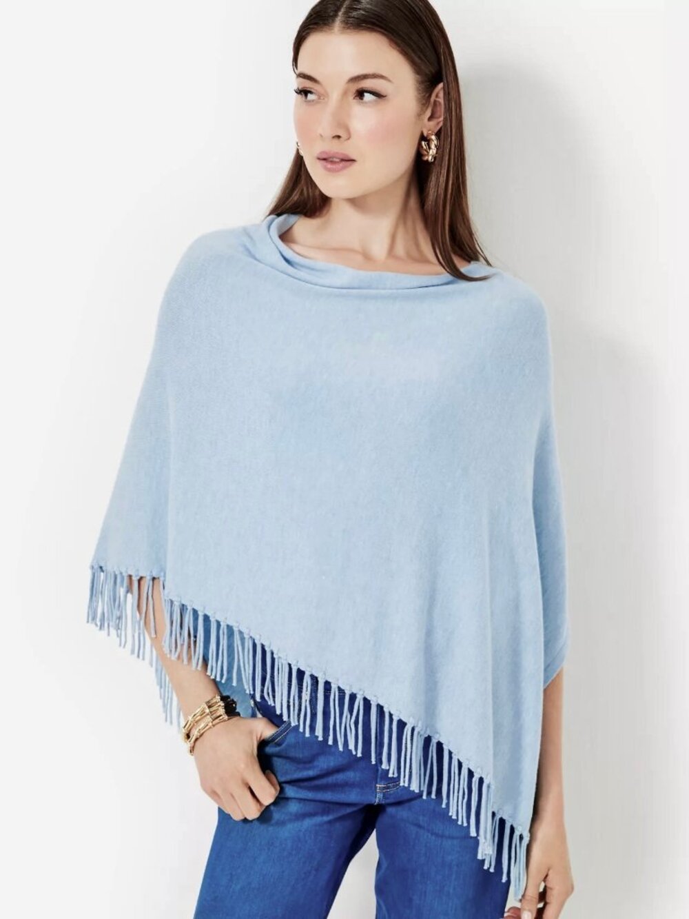 LILY PULITZER~Gato Poncho~CASHMERE BLEND WRAP TASSELL TRIM LIGHT BLUE NWT O/S
